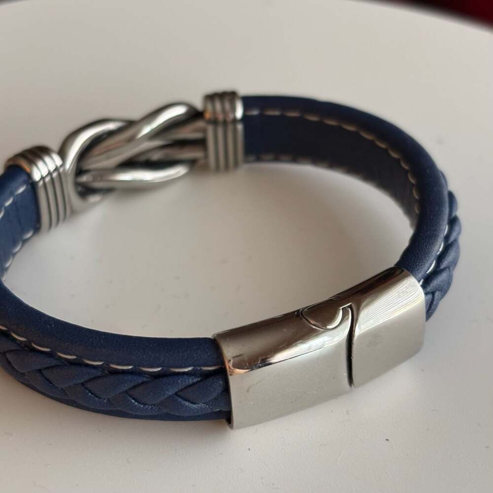 Men's LYNX Stainless Steel & Navy Braided Leather Bracelet - Picture 4 of 8